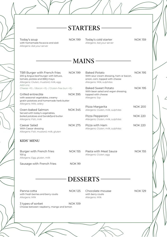 A La Carte Menu