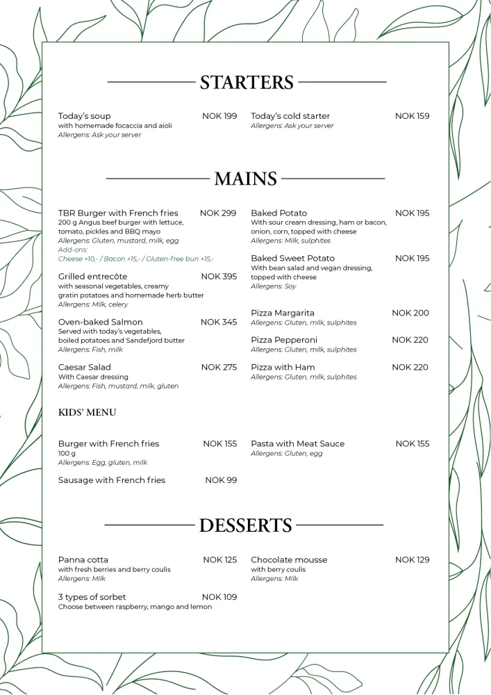 A La Carte Menu